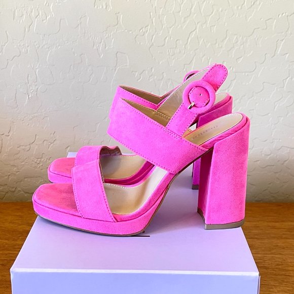 New Madden Girl 6.5 Platform Heels Sandals Pink Mine Fabric Faux Suede with Box - Picture 7 of 11